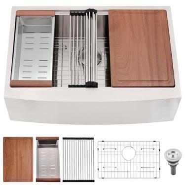 Imagem de BWXIAOC Pia de cozinha de fazenda de 91 cm - Avental de 91 cm para pia de cozinha frontal de aço inoxidável calibre 16 pias para estação de trabalho com acessórios