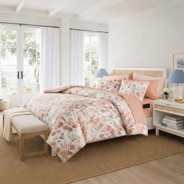 Imagem de Regency Heights Conjunto de edredom leve Seersucker botânico, tamanho casal, design reversível, cama em uma bolsa, conjunto de cama de microfibra premium, coral