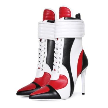 Imagem de Frankie Hsu Bota esportiva de basquete Stiletto de salto alto, preta, branca e vermelha, sapatos de grife de moda de tamanho grande para mulheres e homens, Branco, 38