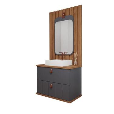 Imagem de Gabinete de Banheiro Milano 80, Espelho Monet e Painel Titanium/Freijo