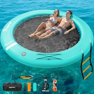 Imagem de FBSPORT Plataforma flutuante de doca inflável, rede de água inflável de 2,4 m, deck flutuante para lago com suporte de copos, anel flutuante redondo, anel flutuante para piscina, boia de piscina,