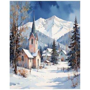 Imagem de Kit de pintura de inverno por números para adultos – DIY Snowy Mountain Village e pintura de igreja em tela, conjunto de tinta acrílica, adequado para iniciantes, arte sazonal para decoração de casa