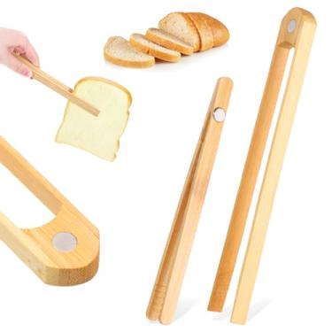 Imagem de YBEATY Pacote com 2 pinças magnéticas clássicas de bambu para torradeira de bambu, torradeira de bambu, antiderrapante, madeira, bambu, utensílios de cozinha para cozinhar, torradeira, frutas, pão