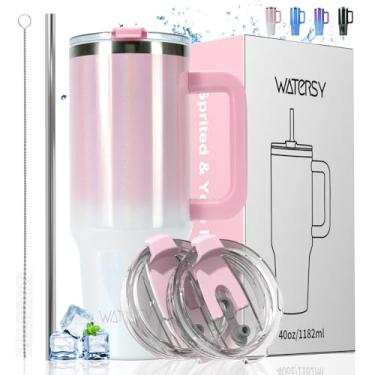 Imagem de WATERSY Copo brilhante de 850 g com alça, copo com tampa e canudo, caneca de viagem de aço inoxidável com isolamento de parede dupla (fria por 34 horas), garrafa de água para chá gelado, café, bebidas