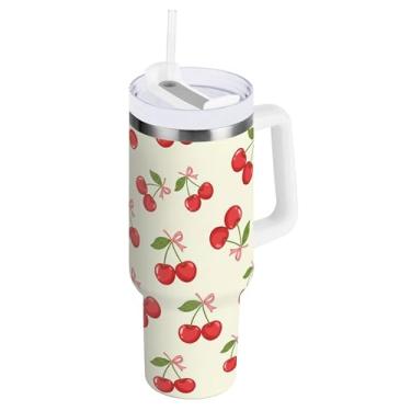 Imagem de SEHANY Copo de cereja fofo de 850 g com alça, copo isolado a vácuo de aço inoxidável de parede dupla, caneca de café à prova de vazamento, copo de viagem isolado cabe no suporte de copo de carro