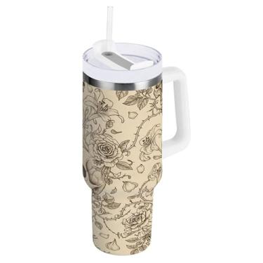 Imagem de SEHANY Copo de caveira e rosas de 850 g com alça, copo isolado de aço inoxidável a vácuo de parede dupla, caneca de café à prova de vazamento, copo isolado para viagem, cabe no suporte de copo de