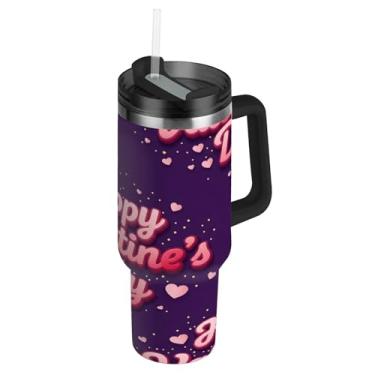 Imagem de ATTX Copo padrão de dia dos namorados de 1,134 g com alça, copo de aço inoxidável a vácuo de parede dupla com palha, caneca de café de viagem isolada #494