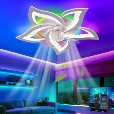 Imagem de Ventilador de teto com luzes RGB reguláveis, estilo lustre, com controle remoto por aplicativo, ventilador reversível com 6 velocidades, silencioso, timer, luz noturna e função de memória pa