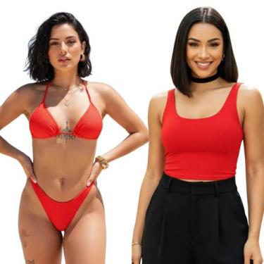 Imagem de Kit Top Cropped Regata + Biquini Cortininha fio dental Cor:VermelhoTam