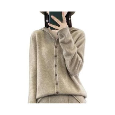 Imagem de Cardigã Feminino De Lã Merino 100% Tricotado, Moletom Com Capuz Para O