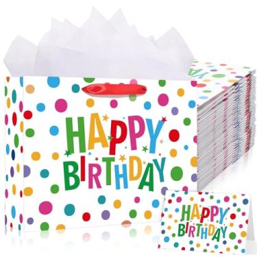 Imagem de Maitys Pacote com 12 sacos grandes de presente de aniversário de 32 cm com papéis de seda e cartões comemorativos coloridos para presente de feliz aniversário, bolsa de papel para presente de estrela