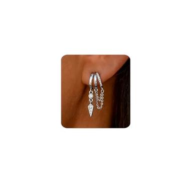 Imagem de MUMREUES Brincos de ouro femininos modernos de ouro 14 quilates com pingente de argola pequena brincos de zircônia cúbica simples minimalistas brincos delicados corrente borla ilusão brincos