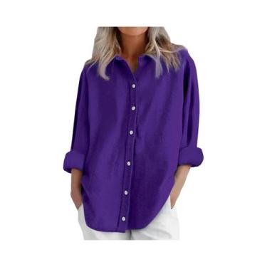 Imagem de Camisa Casual Feminina De Algodão E Linho Manga Longa Cor Sólida Com B