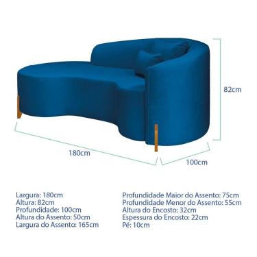 Imagem de Divã Recamier Curvo Sala De Estar Recepção Inglaterra 180cm Pés Madeira Lado Esquerdo Linho Cor Azul Royal