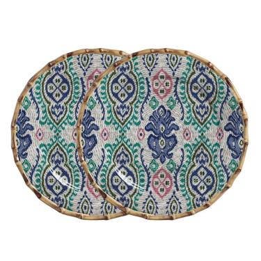 Imagem de Jogo 2 Sousplat Redondo De Cerâmica Borda De Bambu Maison Blanche Mykonos 35cm