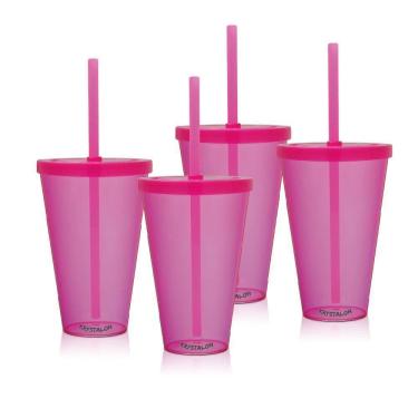 Imagem de Kit 4 Copos Com Tampa E Canudo Rosa Acrílico Ps