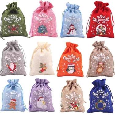 Imagem de Conjunto de sacolas de presente com cordão em estilo de linho de Natal