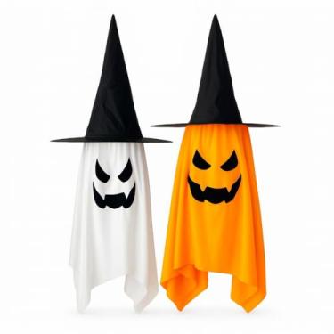 Imagem de Kit 2 Fantasmas de Halloween com Chapéu de Bruxa e Luzes LED, Branco e Laranja Festa Fa...