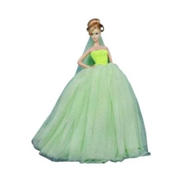 Imagem de Conjunto De Vestido De Casamento Rosa E Véu De Renda Para Boneca De 11