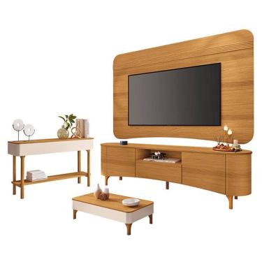 Imagem de Rack Bancada Elara e Painel Armony Cinamomo com Mesa de Centro Liz e Aparador Fiero Off White Cinamomo - HB Móveis