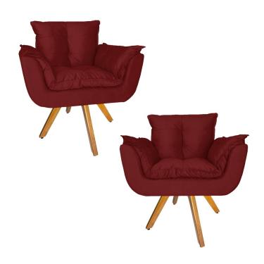 Imagem de Conjunto 2 Poltrona Estofada Base Giratória De Madeira Clínica Opala Suede Vermelho Bor...