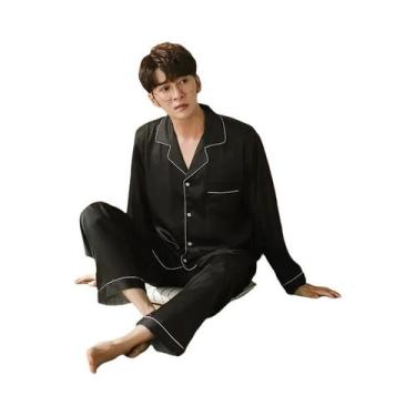 Imagem de Conjunto De Pijamas De Seda Satinada Para Homens, Camisa De Manga Long