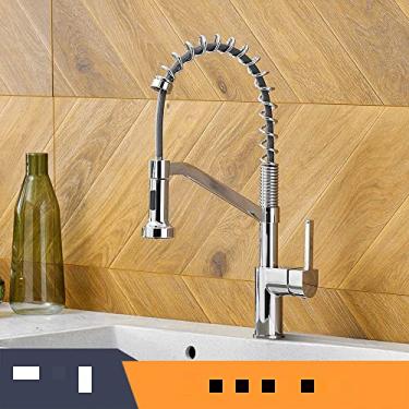 Imagem de Torneiras de cozinha escova torneiras de latão para pia de cozinha de alavanca única pull out primavera bico misturadores torneira de água quente e fria guindaste, 9013, cromo, china
