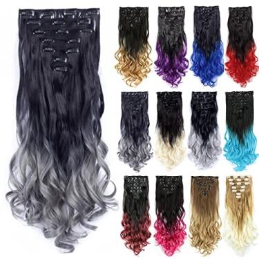 Imagem de IMISSU Conjunto de 7 peças clipe longo encaracolado em extensão de cabelo ombre cor cabeça cheia extensões de cabelo peruca para menina (Ombre cinza escuro)