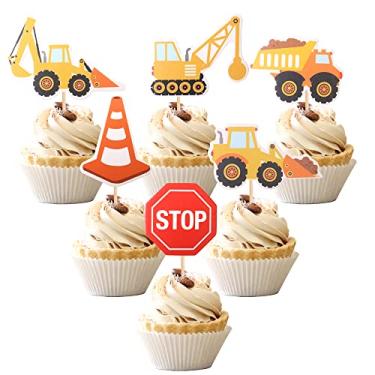 Imagem de 36 pçs construção cupcake toppers stop placa de despejo caminhão escavadeira trator festa bolo alimentos palitos decorações para tema de construção chá de bebê crianças festa de aniversário suprimentos