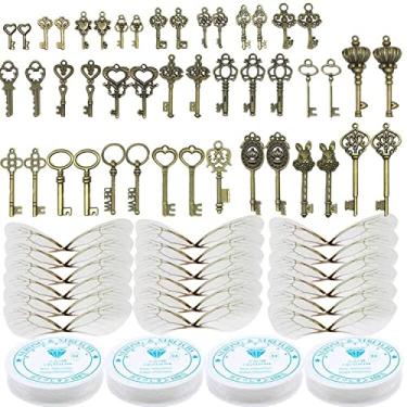 Imagem de 46 peças de pingentes de chaves de esqueleto vintage bronze antigo Potter chaves voadoras chave encantada com 50 pares de asas de libélula e 100 jardas linha de pesca para fazer joias, colar,