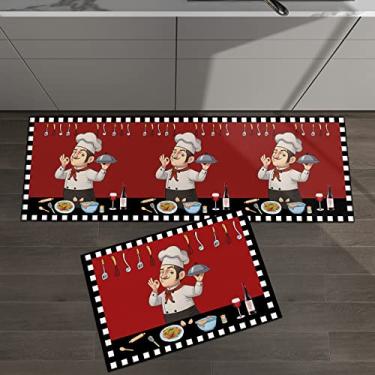 Imagem de Conjunto de 2 tapetes de cozinha decoração de cozinha chef gourmet comida vinho preto xadrez vermelho para tapetes e tapetes acolchoados antiderrapante corredor confortável tapete de pé
