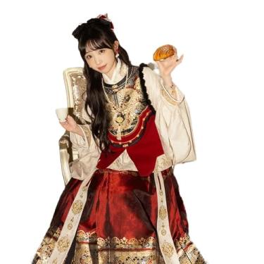 Imagem de MAIFURUN Jaqueta curta festiva vermelha saia de rosto de cavalo Han roupas chinesas roupas de outono para mulheres, Um conjunto completo, P