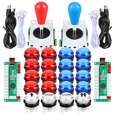 Imagem de Fosiya Kit de botões LED Arcade Joystick Elipse Estilo Oval 8 Maneiras Joystick + 20 x Botões LED Arcade para 2 Jogadores Videogames Controladores Padrão Todos os Windows PC MAME Raspberry Pi (Vermelho + Azul Kits)