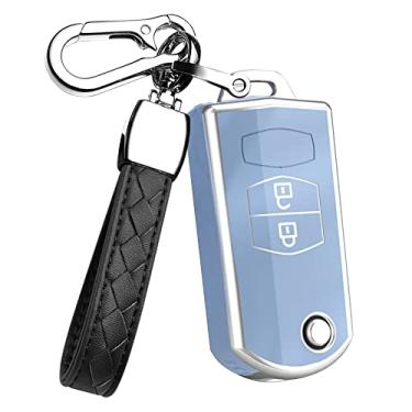 Imagem de HIBEYO Flip 2 botões para Mazda Key Fob Cover Soft TPU Case para Mazda 2 3 5 6 8 Atenza CX5 CX-7 CX-9 MX-5 RX GH Demio Smart Key Holder Acessórios de carro com chaveiros - Chaveiro de couro (cinza)