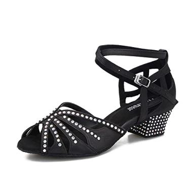 Imagem de TTdancewear Sapatos de dança femininos salto baixo sapatos de dança de salão salsa dança latina prática sapatos de dança salto cubano 3,8 cm, Strass preto - salto de 3,8 cm (1,5"), 8.5