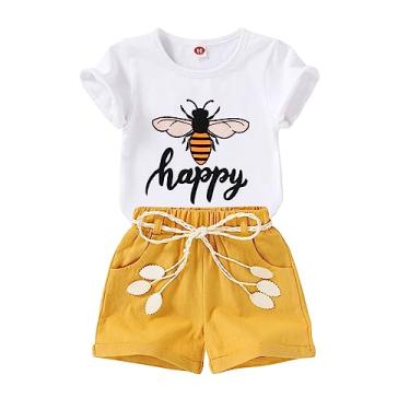 Imagem de YOUNGER TREE Roupas para bebês meninas camiseta melancia + shorts de linho com cinto lindo conjunto curto de verão, Bee Happy, 5-6 Anos