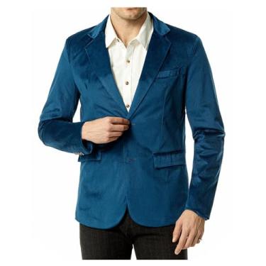 Imagem de Blazer masculino casual, cor sólida, casaco de veludo cotelê, casaco casual com lapela e gola, Azul, M