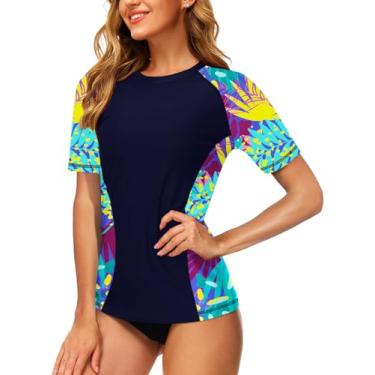 Imagem de AOBUTE Camisetas femininas Rash Guard Tropical FPS 50+ com proteção solar floral de manga curta, Folhas, azul-marinho, P