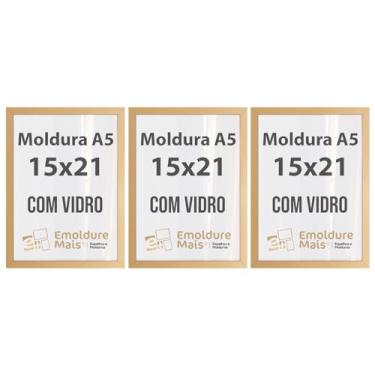 Imagem de Kit 3 Porta Retrato 15x21 Moldura de Madeira com Vidro Tamanho folha A5 Preto Branco Dourado Prata Tabaco para Fotos e Quadros decorativos (Dourado, apoio de parede)