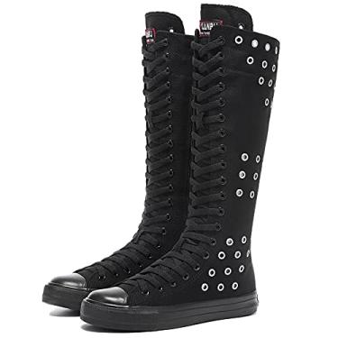 Imagem de Momuk Botas femininas femininas elegantes de lona cano alto casual tênis escolar tamanho 5 B(M) EUA preto