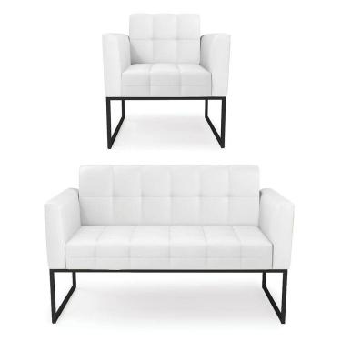 Imagem de Kit 1 Sofá Namoradeira E 1 Poltrona Elisa Corino Base Metálica Industrial Preto - D`rossi Cor Branco