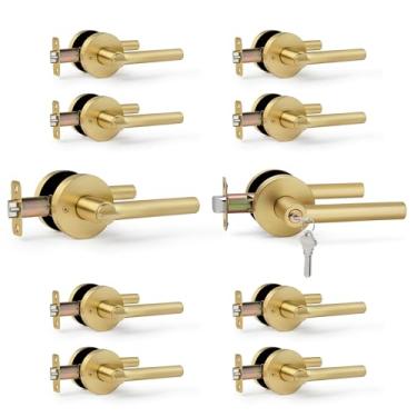 Imagem de LOQRON Maçaneta de porta de entrada dourada escovada com fechadura e chaves, maçaneta de porta resistente de design redondo com acabamento em latão acetinado, pacote com 10 reversíveis para