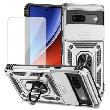 Imagem de Yodueiv Capa para Pixel 7A, capa para Google 7A com protetor de tela de vidro temperado e capa de câmera deslizante, anel magnético para suporte de carro, capa protetora para Google Pixel 7A prata