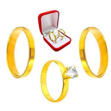 Imagem de Par Alianças Reta 3mm Banhado Ouro 18k + Anel Solitário 2mm Ouro 18k Z