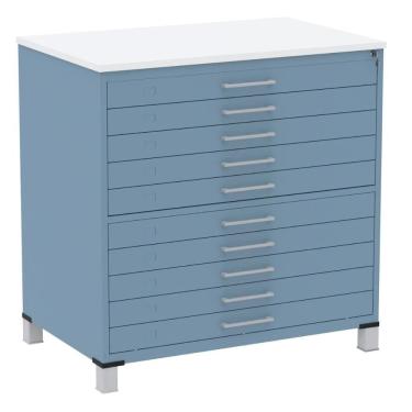 Imagem de Mapoteca 10 Gavetas Pandin 120cm (Larg) Inmetro Tampo MDP Branco Estrutura e Gaveta em Aço Azul Dali