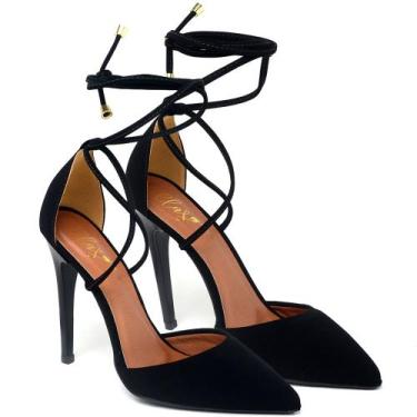 Imagem de Scarpin Salto Alto Bico Folha Com Tiras Nobuck Ellas Preto - Ellas Onl
