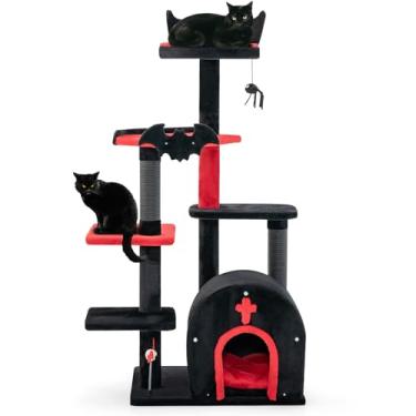 Imagem de PETSITE Árvore gótica para gatos, torre de vários níveis de 133 cm com postes para arranhar, cama para gatos, condomínio em forma de arco, pompom e bolas de primavera, árvore gótica para gatos grandes