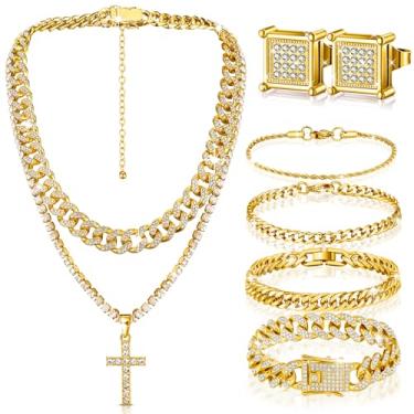 Imagem de Yinkin Conjunto de 6 peças de joias hip hop para homens com corrente de strass e corrente de elos de strass conjunto de joias de diamante para presente masculino, one size, liga de zinco, strass,