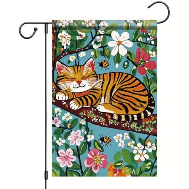 Imagem de Starlit Patio Bandeira de jardim de gato fofo 30,5 x 45,7 cm dupla face gatinho dormindo floral primavera verão decoração de quintal banner externo para varanda pátio gramado decoração de casa pequena