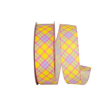 Imagem de Reliant Ribbon Fita xadrez diagonal brilhante de linho com fio, amarelo/fúcsia